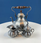 Vintage Italian Pewter Coffee Tea Set. Elegant Curvillinear Silhouette with Wood Handle. Set of 3: Pot Creamer Sugar Jar. Dining Room Decor.