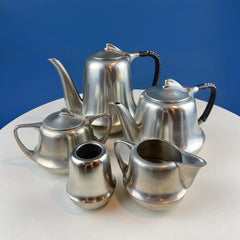 Vintage 6 Piece Pewter Coffee & Tea Serving Set with Filigree Tray. Metawa, Holland. Mid Century Modern Early Art Deco. Rattan Bamboo Handle